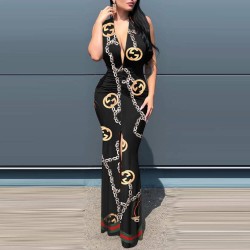 Sexy Sleeveless Chain Printed V-neck Long Dress - Black 