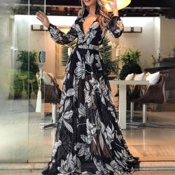 Floral Printed Deep V Neck Boho Maxi Dress - Black 
