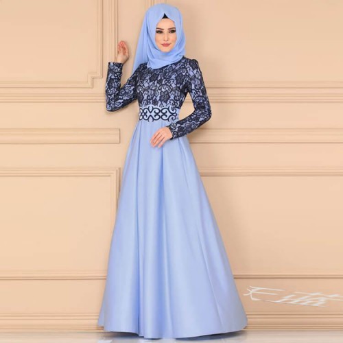 Arabian Style Vintage High Waist Long Dress - Light Blue |image