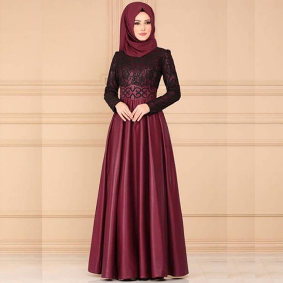Arabian Style Vintage High Waist Long Dress - Maroon |image