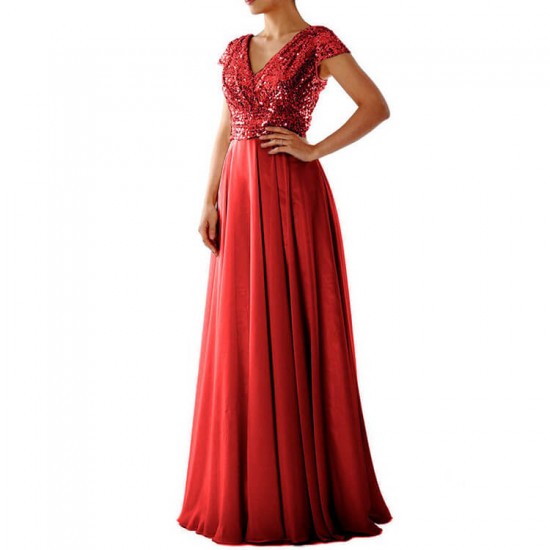 V-Neck Sequined Chiffon Sleeveless Gowns Long Prom Dress V-Neck Sequined Chiffon Sleeveless Gowns Long Prom Dress - Red |image