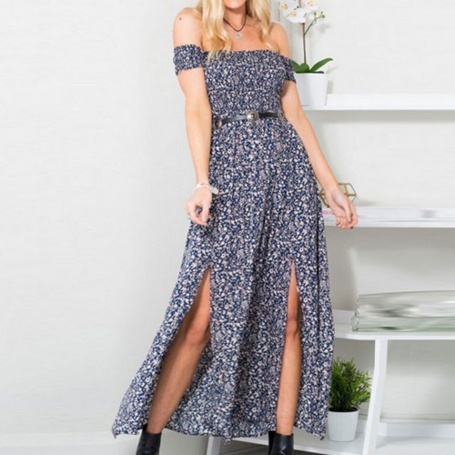 Chest Printed Off Shoulder Sexy Long Split Dress - Blue |image