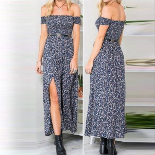 Chest Printed Off Shoulder Sexy Long Split Dress - Blue |image