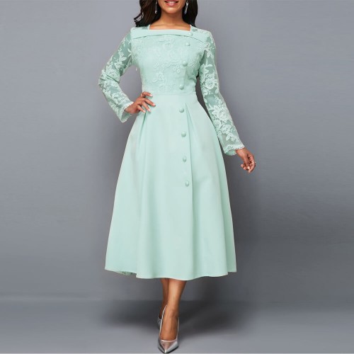 European Style Lace Patchwork Mid Length Evening Dress - Light Green |image