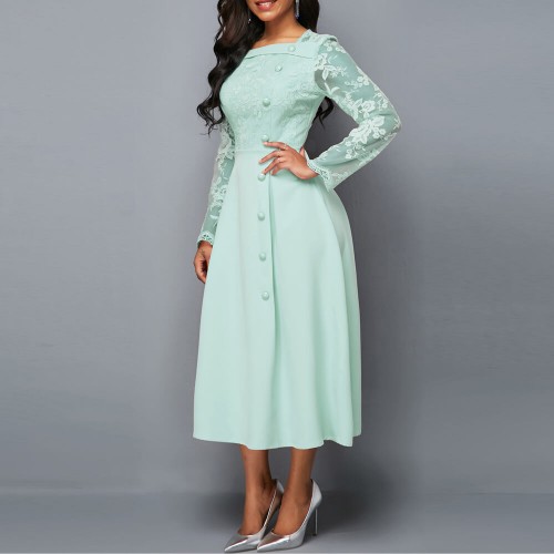 European Style Lace Patchwork Mid Length Evening Dress - Light Green |image
