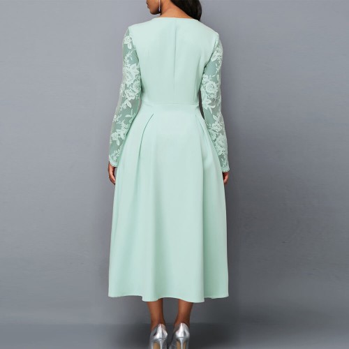 European Style Lace Patchwork Mid Length Evening Dress - Light Green |image