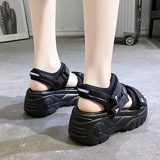 Velcro Open Toe Thick Platform Bottom Sandals -Black |image