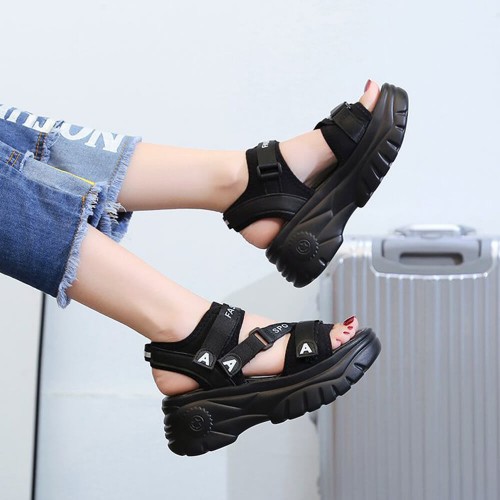 Velcro Open Toe Thick Platform Bottom Sandals -Black |image