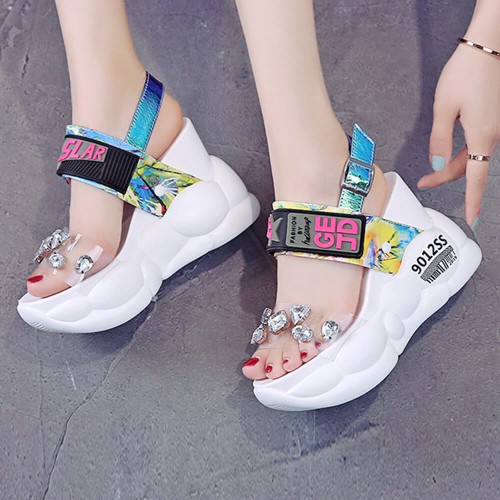 Chunky Platform Rhinestone High Wedge Sandals - White |image