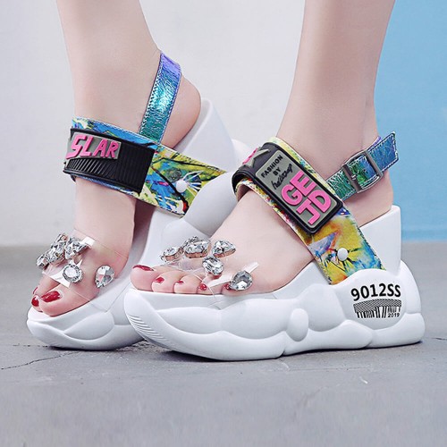 Chunky Platform Rhinestone High Wedge Sandals - White |image