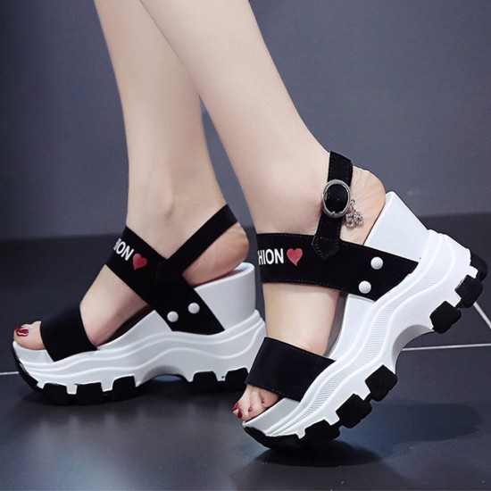 Thick Bottom Back Strapped Heels Wedge Sandals -Black |image