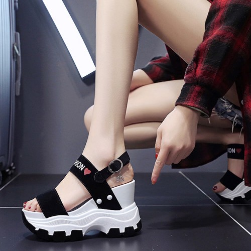 Thick Bottom Back Strapped Heels Wedge Sandals -Black |image