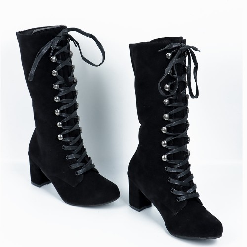 Retro Lace Up Square High Heel Mid-Calf Boots -Black |image