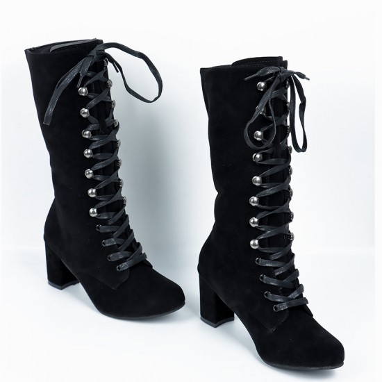 Retro Lace Up Square High Heel Mid-Calf Boots -Black Retro Lace Up Square High Heel Mid-Calf Boots -Black |image