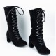 Retro Lace Up Square High Heel Mid-Calf Boots -Black |image