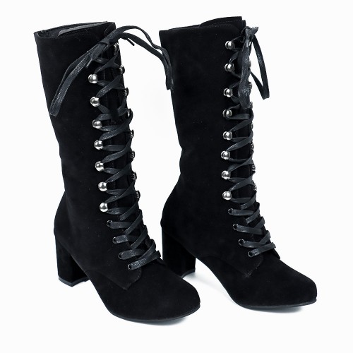 Retro Lace Up Square High Heel Mid-Calf Boots -Black |image