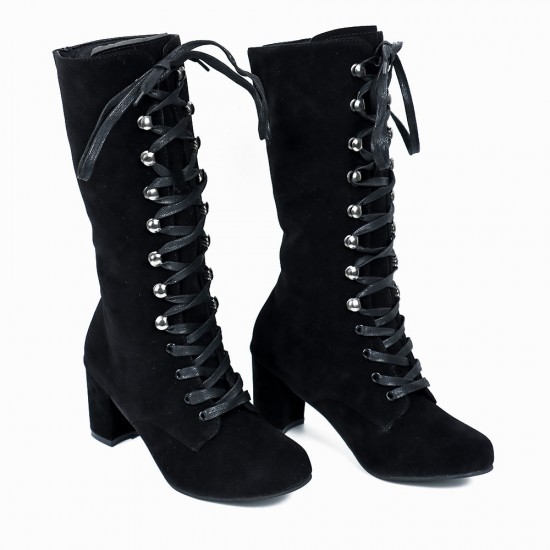 Retro Lace Up Square High Heel Mid-Calf Boots -Black Retro Lace Up Square High Heel Mid-Calf Boots -Black |image