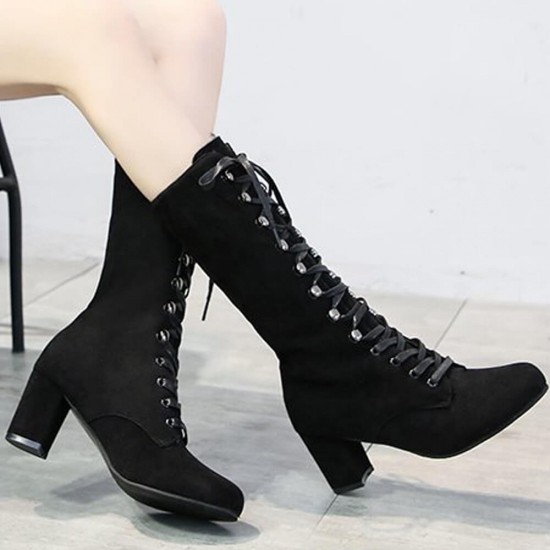Retro Lace Up Square High Heel Mid-Calf Boots -Black Retro Lace Up Square High Heel Mid-Calf Boots -Black |image