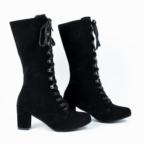 Retro Lace Up Square High Heel Mid-Calf Boots -Black |image