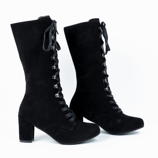 Retro Lace Up Square High Heel Mid-Calf Boots -Black Retro Lace Up Square High Heel Mid-Calf Boots -Black |image
