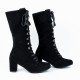 Retro Lace Up Square High Heel Mid-Calf Boots -Black |image