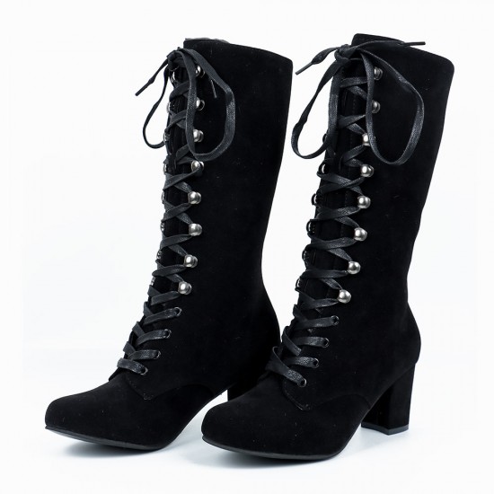 Retro Lace Up Square High Heel Mid-Calf Boots -Black Retro Lace Up Square High Heel Mid-Calf Boots -Black |image