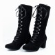 Retro Lace Up Square High Heel Mid-Calf Boots -Black |image