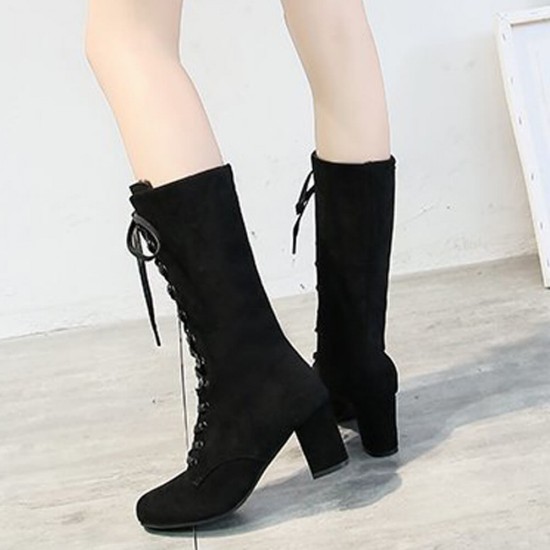 Retro Lace Up Square High Heel Mid-Calf Boots -Black Retro Lace Up Square High Heel Mid-Calf Boots -Black |image