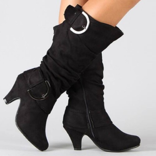 Chunky High Heels Buckle Mid Calf Boots - Black |image