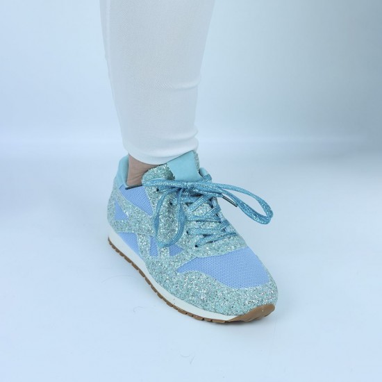 Womens Bling Glitter Laces Up Sneaker Shoes -Light Blue |image