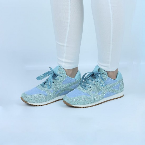 Womens Bling Glitter Laces Up Sneaker Shoes -Light Blue |image