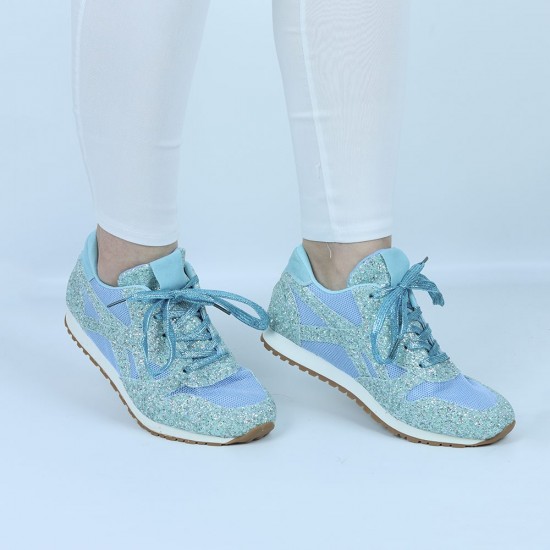Womens Bling Glitter Laces Up Sneaker Shoes -Light Blue |image