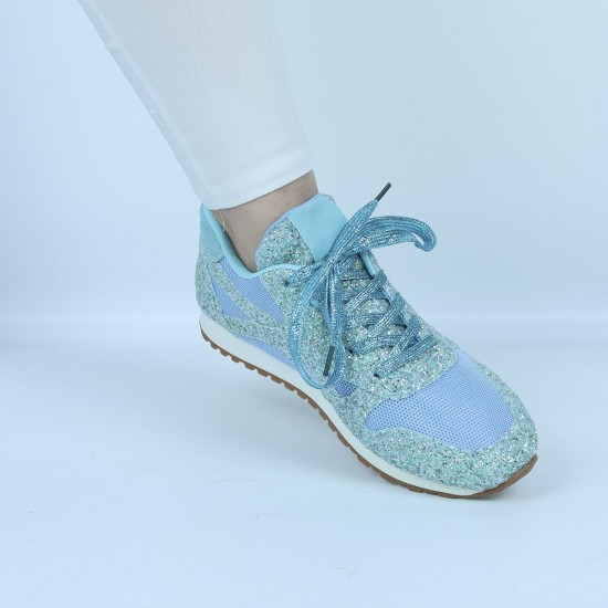 Womens Bling Glitter Laces Up Sneaker Shoes -Light Blue |image