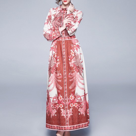 Lapel Long-sleeved Retro Palace Printed Maxi Dress - Red Lapel Long-sleeved Retro Palace Printed Maxi Dress - Red |image