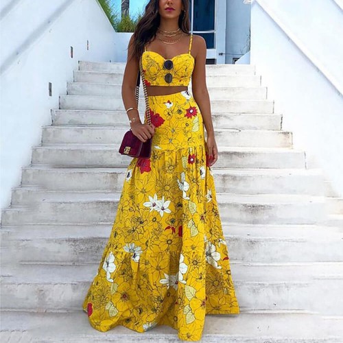 Floral Printed Crop Top And Maxi Skirt Dress Set - Yellow |image