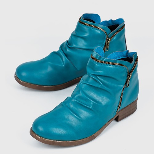 Round Double Zipper Comfortable Ankle Boots -Blue |image