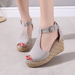Women Peep Toe Buckle Up Wedge Heel Sandals -Grey 
