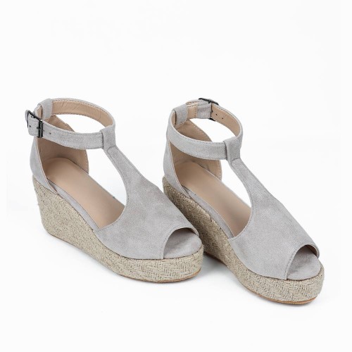 Women Peep Toe Buckle Up Wedge Heel Sandals -Grey |image