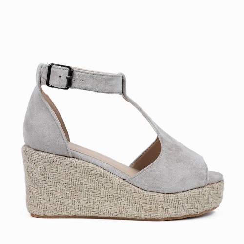 Women Peep Toe Buckle Up Wedge Heel Sandals -Grey |image