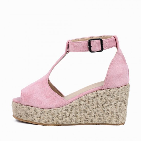 Women Peep Toe Buckle Up Wedge Heel Sandals -Pink |image