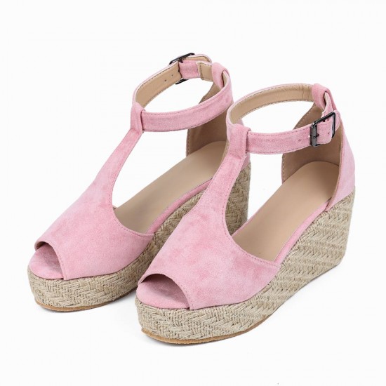 Women Peep Toe Buckle Up Wedge Heel Sandals -Pink |image