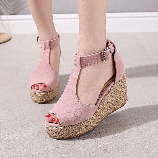Women Peep Toe Buckle Up Wedge Heel Sandals -Pink |image