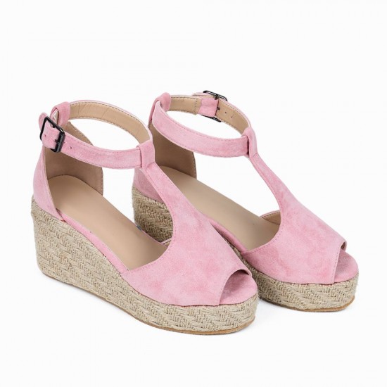 Women Peep Toe Buckle Up Wedge Heel Sandals -Pink |image