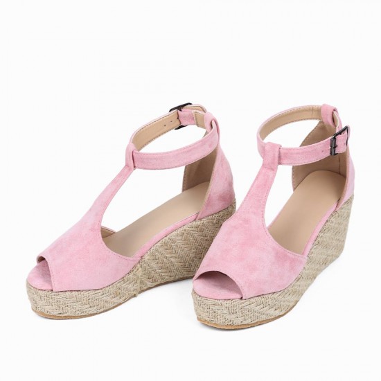 Women Peep Toe Buckle Up Wedge Heel Sandals -Pink |image