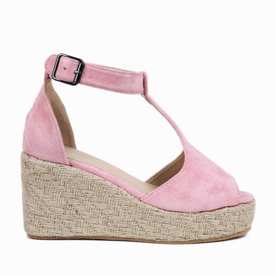 Women Peep Toe Buckle Up Wedge Heel Sandals -Pink |image