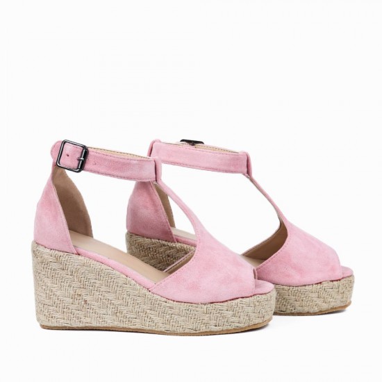Women Peep Toe Buckle Up Wedge Heel Sandals -Pink |image