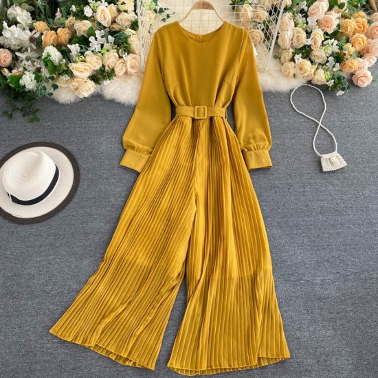Long Sleeved Waist Belt Thin Pleated Trouser Jumpsuit Long Sleeved Waist Belt Thin Pleated Trouser Jumpsuit - Yellow |image