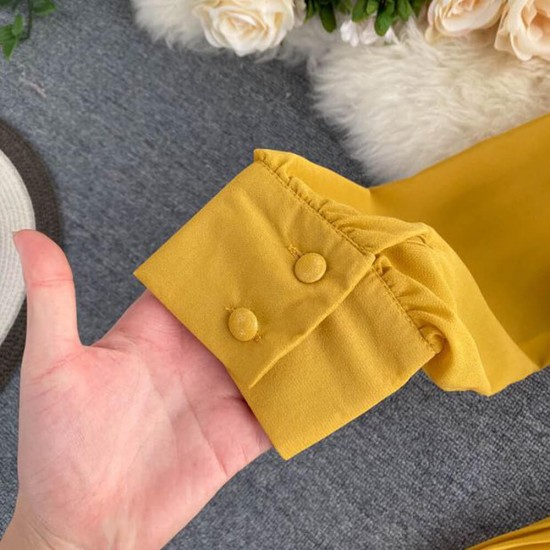 Long Sleeved Waist Belt Thin Pleated Trouser Jumpsuit Long Sleeved Waist Belt Thin Pleated Trouser Jumpsuit - Yellow |image