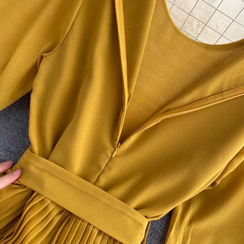 Long Sleeved Waist Belt Thin Pleated Trouser Jumpsuit - Yellow |image