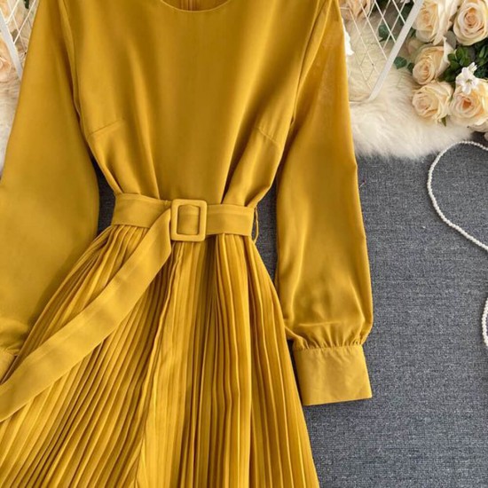 Long Sleeved Waist Belt Thin Pleated Trouser Jumpsuit Long Sleeved Waist Belt Thin Pleated Trouser Jumpsuit - Yellow |image